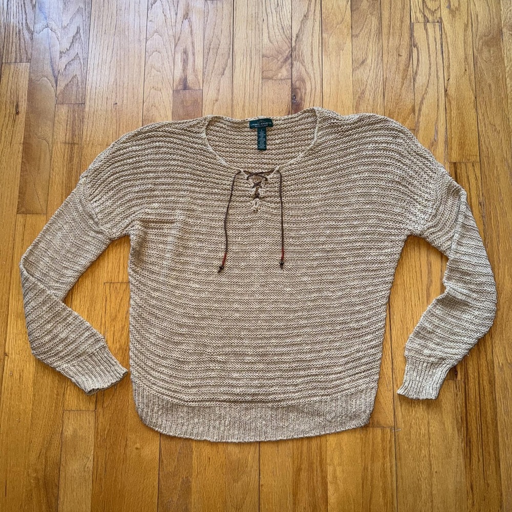 Lauren Jeans Co Ralph Lauren Sweater L Beige Lace Up Henley Knit Top Boho Beachy
